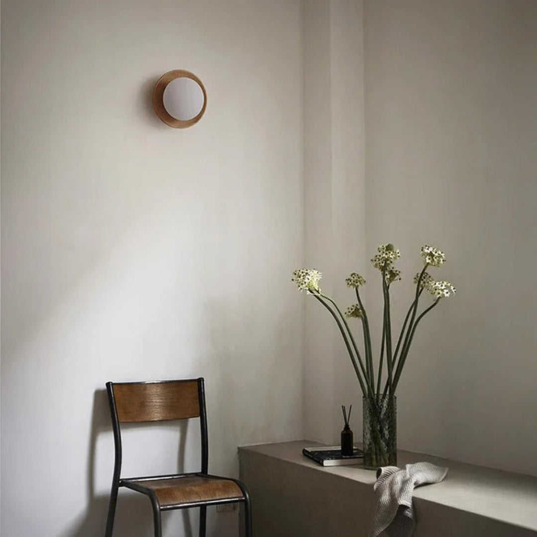 Houten Ronde Japandi Wandlamp